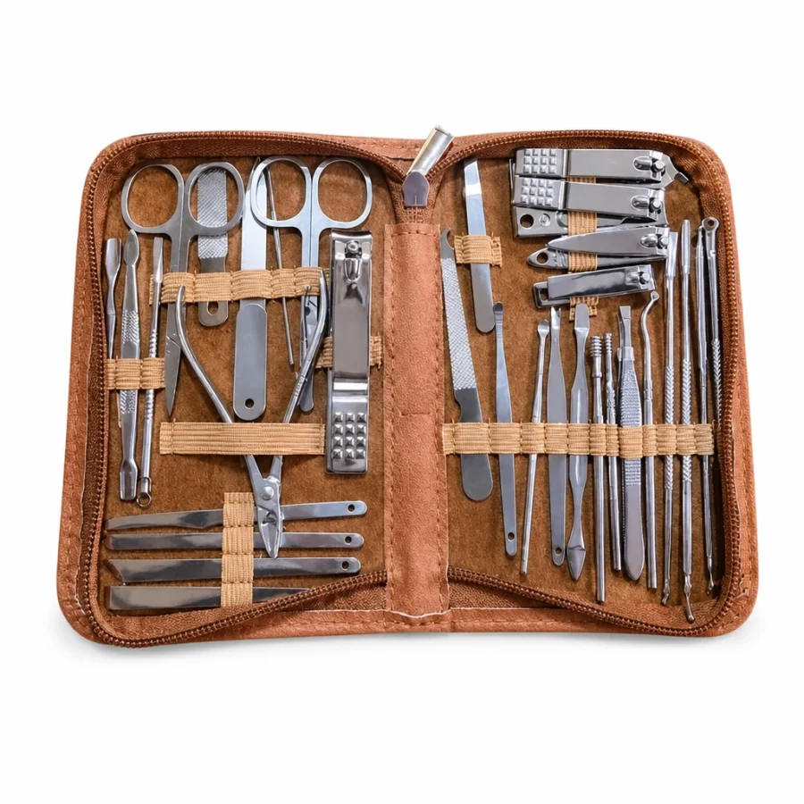 Kit profesional de manicura y pedicura, estuche marrón
